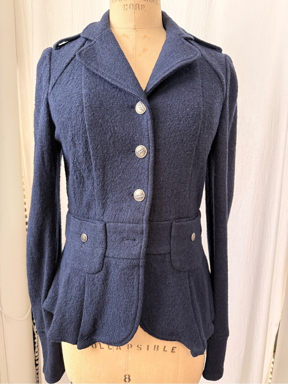 Elevenses, Navy Boucle Tailored Military-Style Wool Blend Jacket, sz 2